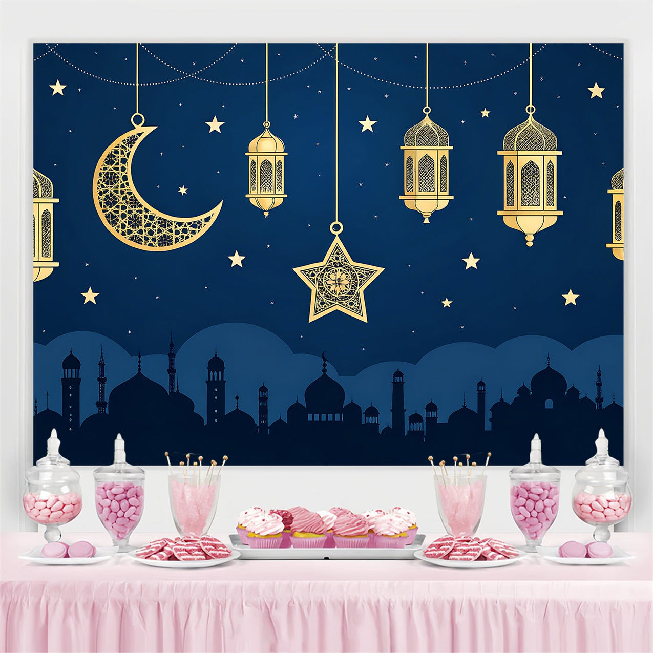 Toile de fond Ramadan Nuit Croissant Doré Lanterne GQ3-33