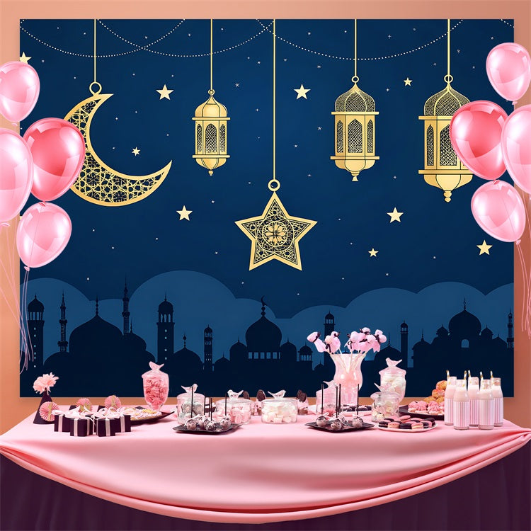 Toile de fond Ramadan Nuit Croissant Doré Lanterne GQ3-33