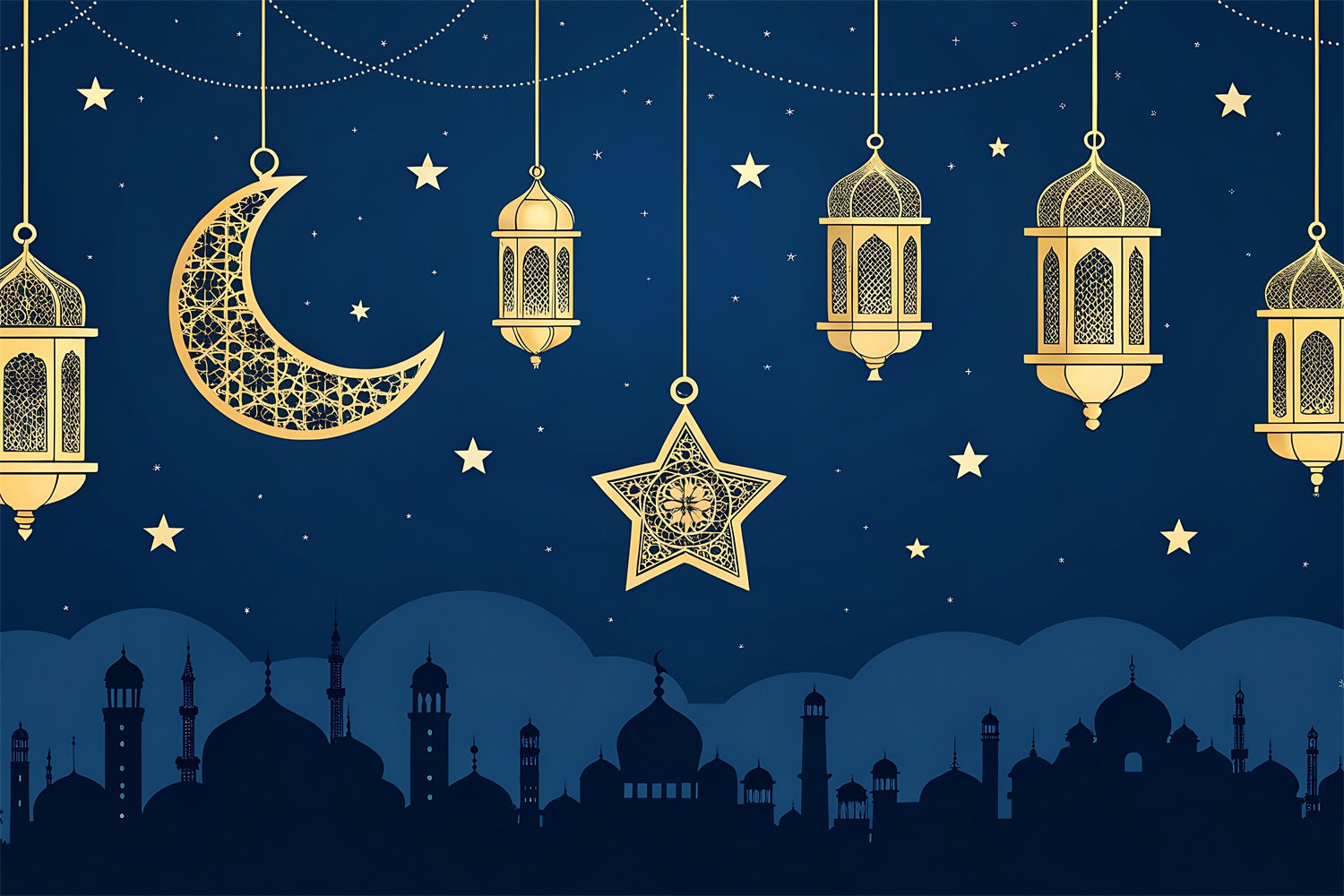 Toile de fond Ramadan Nuit Croissant Doré Lanterne GQ3-33