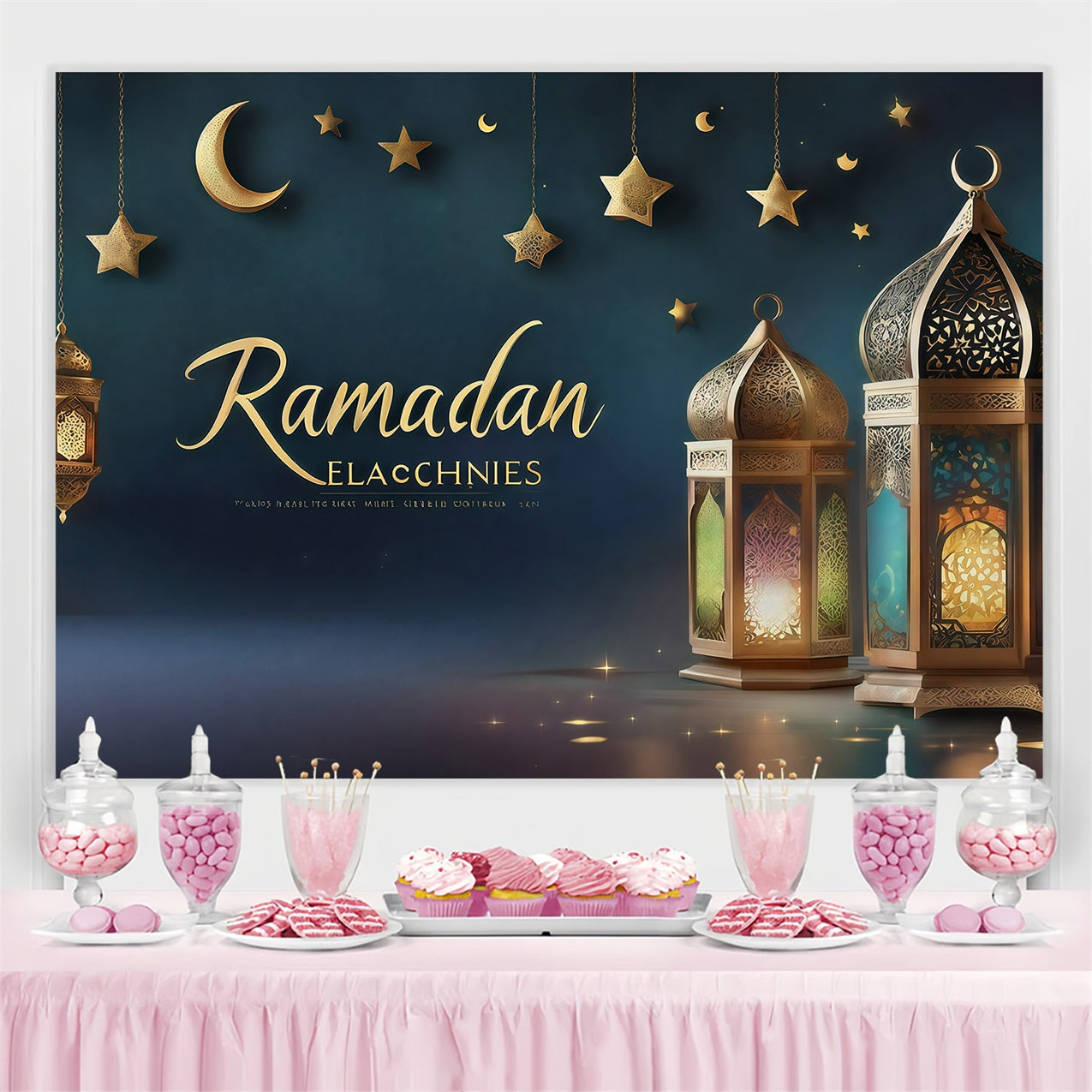 Toile de fond Ramadan Mubarak Lanternes Royales Croissant GQ3-34
