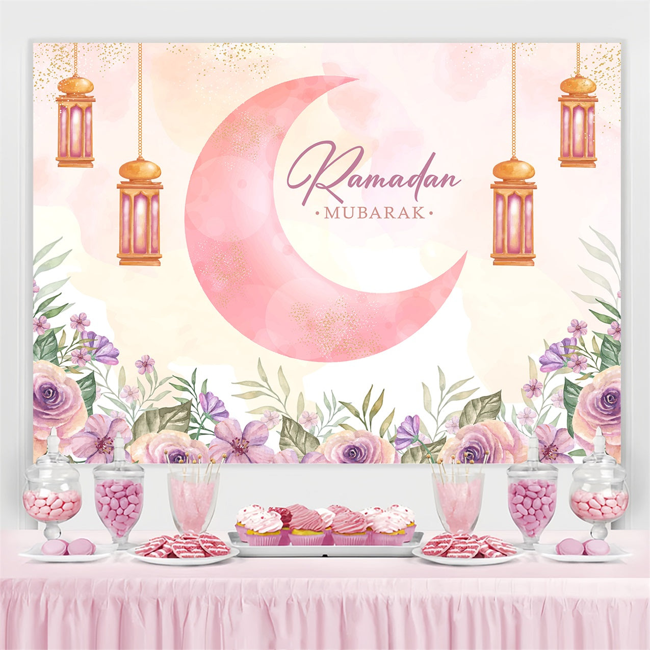 Toile de fond Ramadan Aquarelle Croissant de Lune Lanternes Florales GQ3-35
