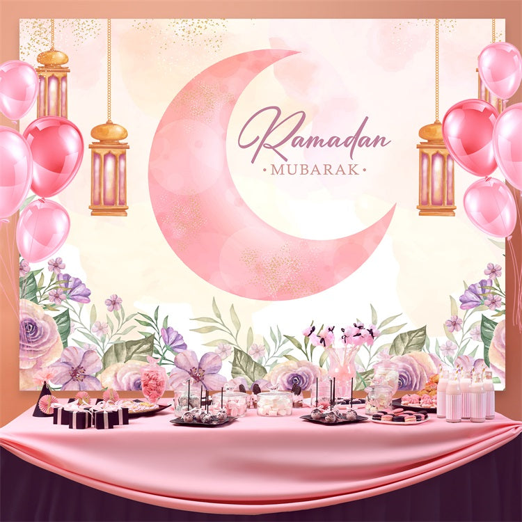 Toile de fond Ramadan Aquarelle Croissant de Lune Lanternes Florales GQ3-35