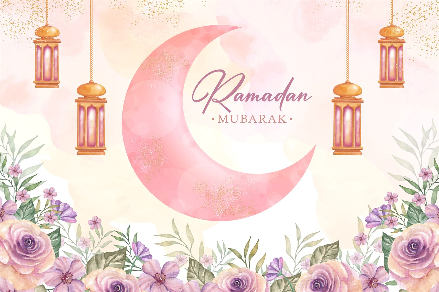 Toile de fond Ramadan Aquarelle Croissant de Lune Lanternes Florales GQ3-35