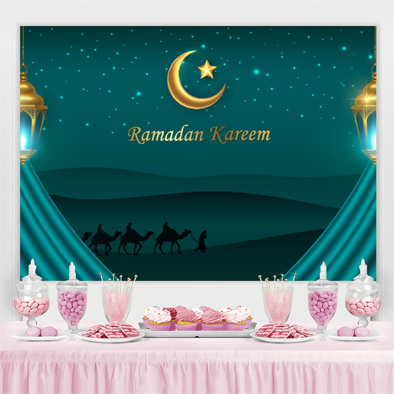 Toile de fond Ramadan Mubarak Nuit Étoilée Désert Chameaux GQ3-36