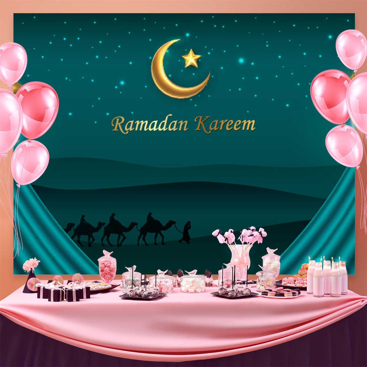 Toile de fond Ramadan Mubarak Nuit Étoilée Désert Chameaux GQ3-36
