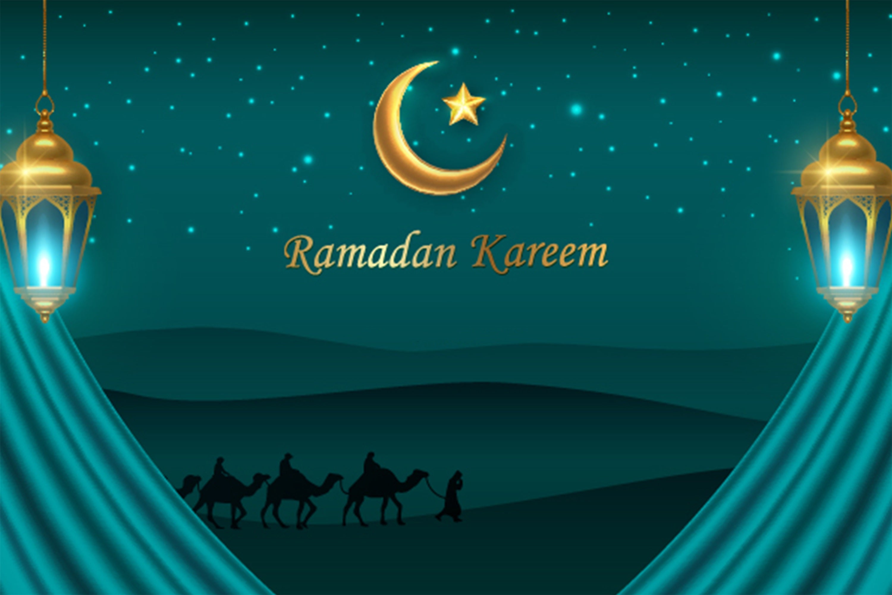 Toile de fond Ramadan Mubarak Nuit Étoilée Désert Chameaux GQ3-36