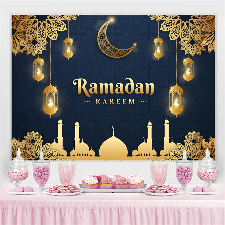 Toile de fond Ramadan Lanternes Dorées Silhouette de Mosquée GQ3-37