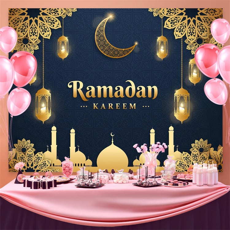 Toile de fond Ramadan Lanternes Dorées Silhouette de Mosquée GQ3-37