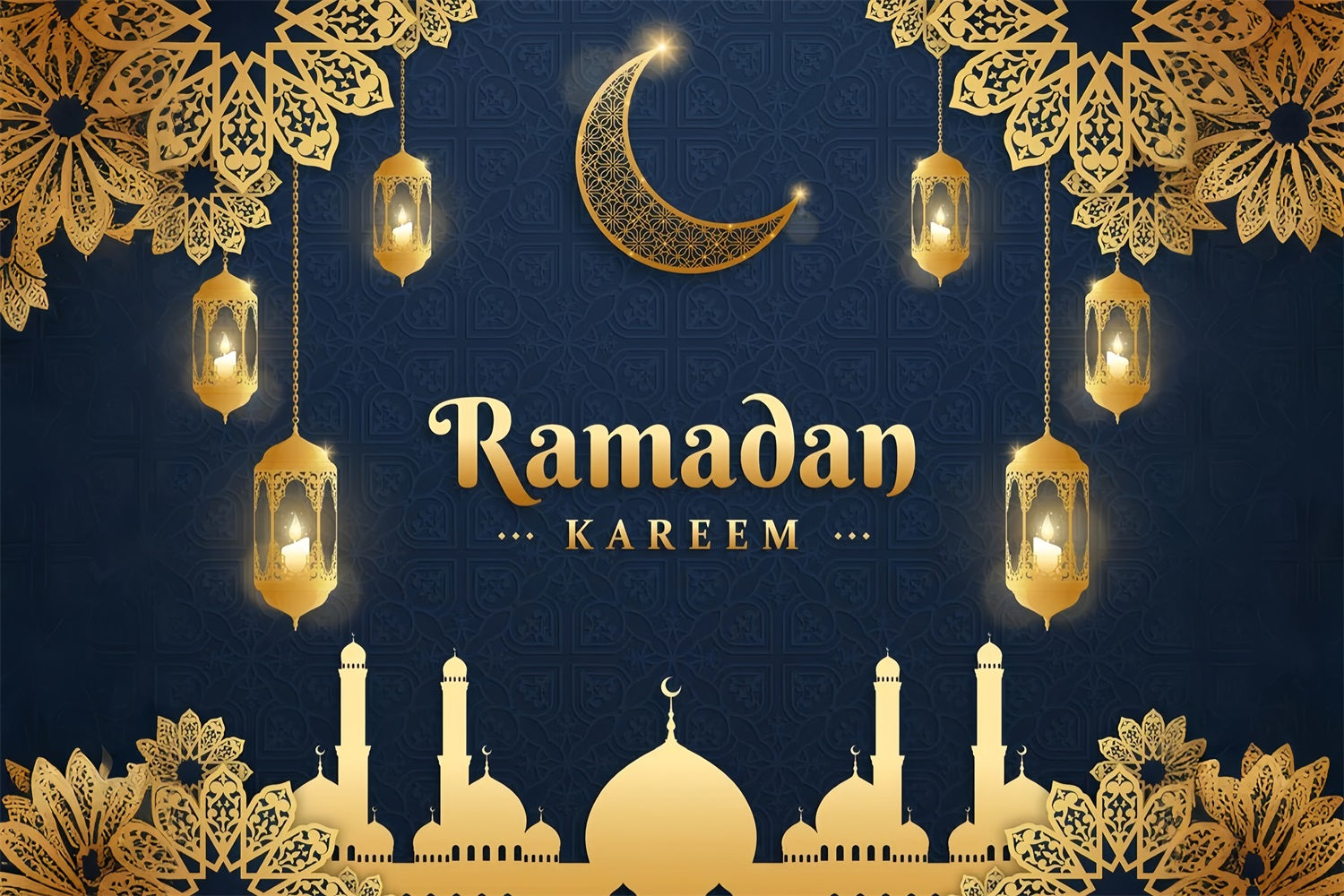 Toile de fond Ramadan Lanternes Dorées Silhouette de Mosquée GQ3-37