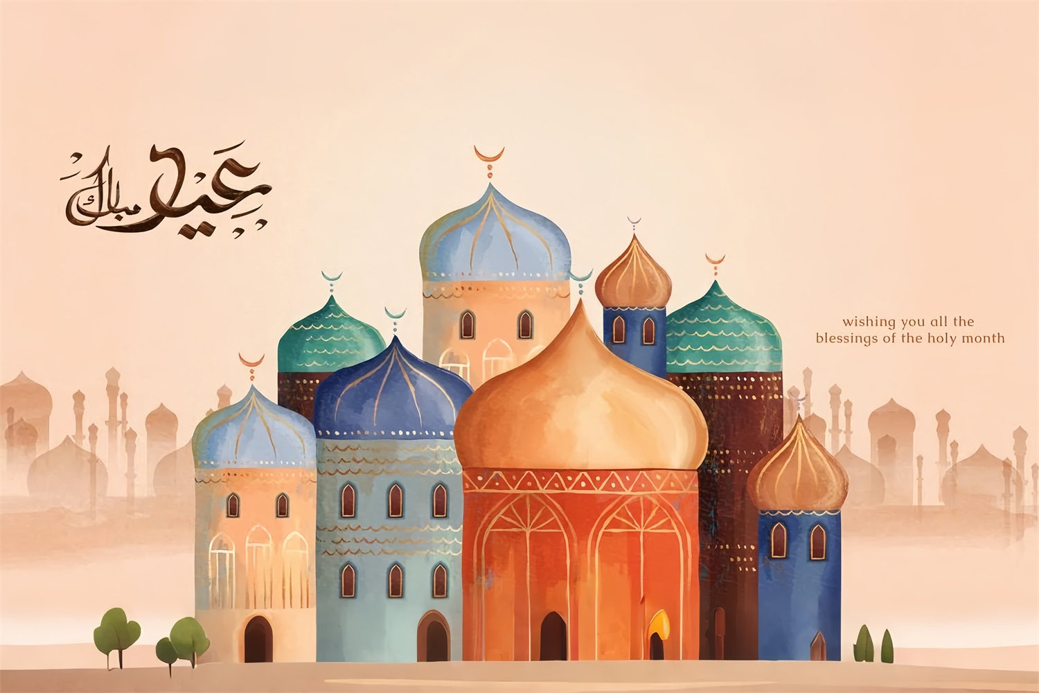Toile de fond Ramadan Mubarak Architecture de Mosquée Aquarelle GQ3-4
