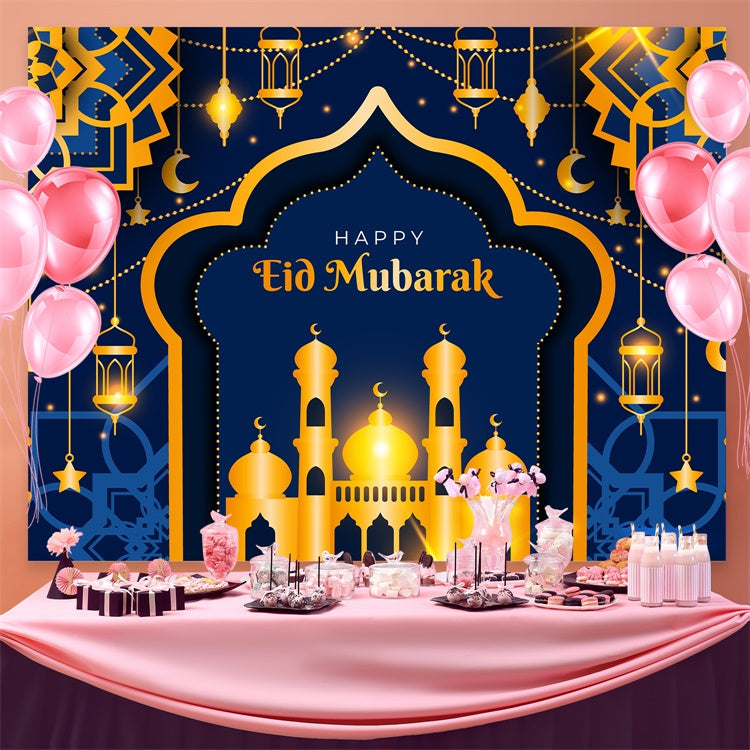 Toile de fond Eid Mubarak Mosquée Bleue Dorée Profonde GQ3-67