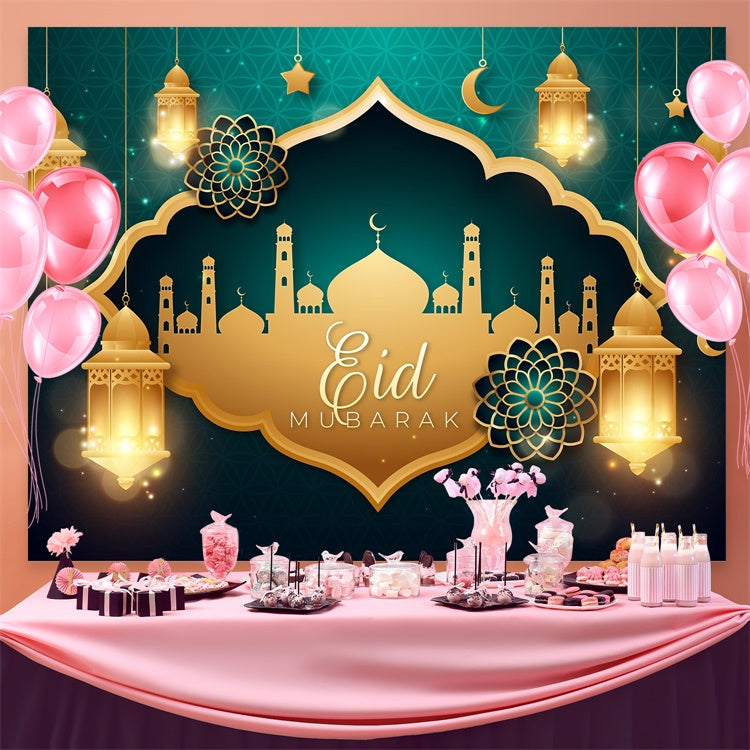 Toile de fond Eid Mubarak Mosquée Luxueuse Dorée Lanterne GQ3-70