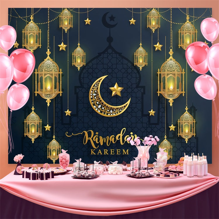 Toile de fond Ramadan Mubarak Grande Mosquée Croissant Lanterne GQ3-8