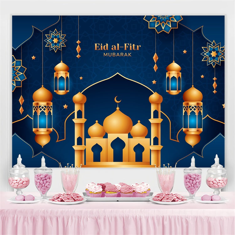 Toile de fond Eid Mubarak Minarets Dorés Ornés Bleu GQ3-80