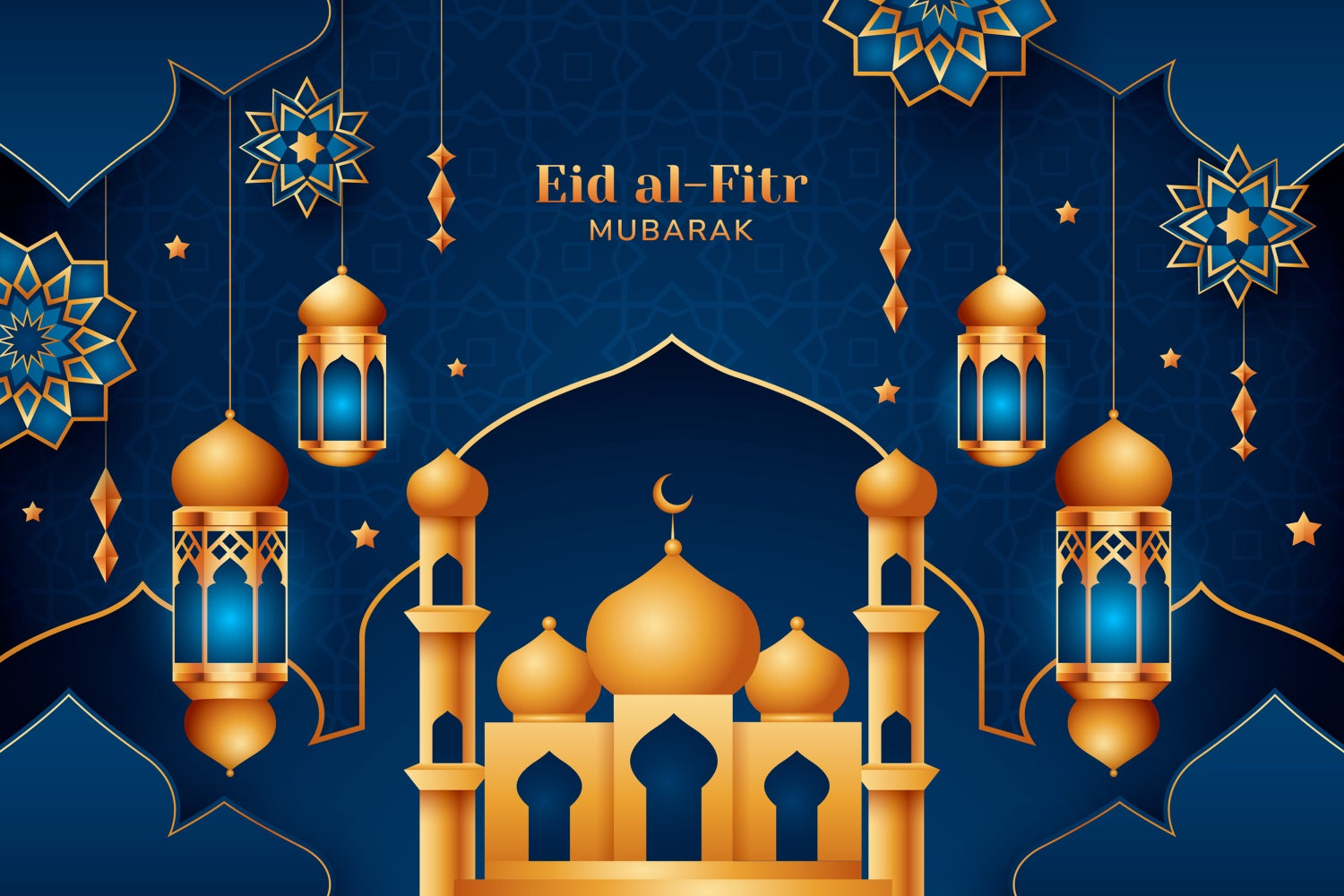 Toile de fond Eid Mubarak Minarets Dorés Ornés Bleu GQ3-80