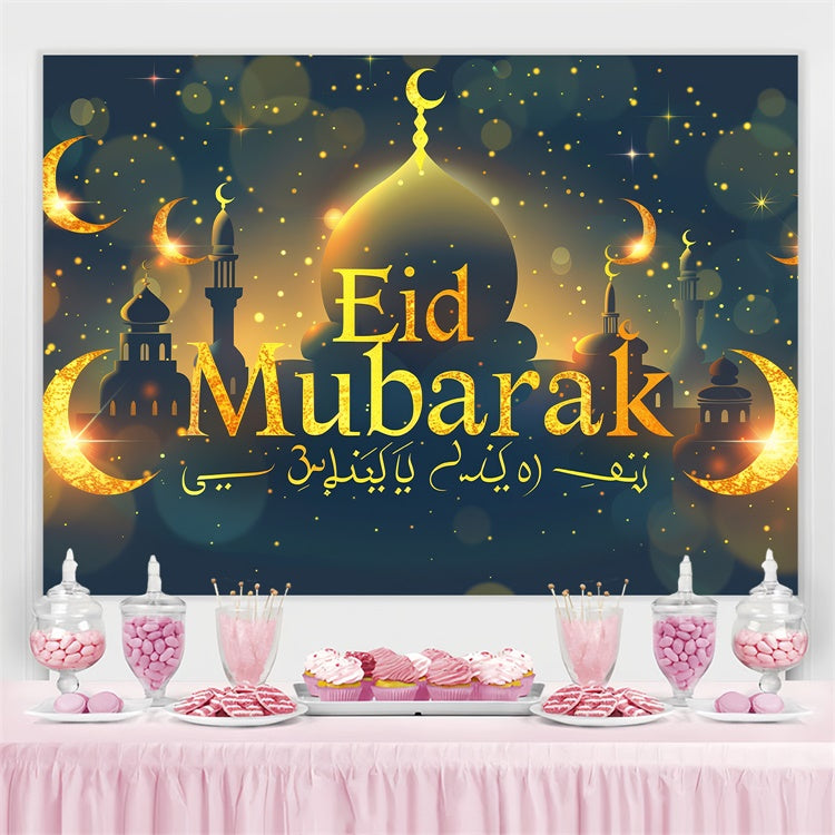 Toile de fond Eid Mubarak Croissant Lumineux Mosquée Dorée GQ3-82