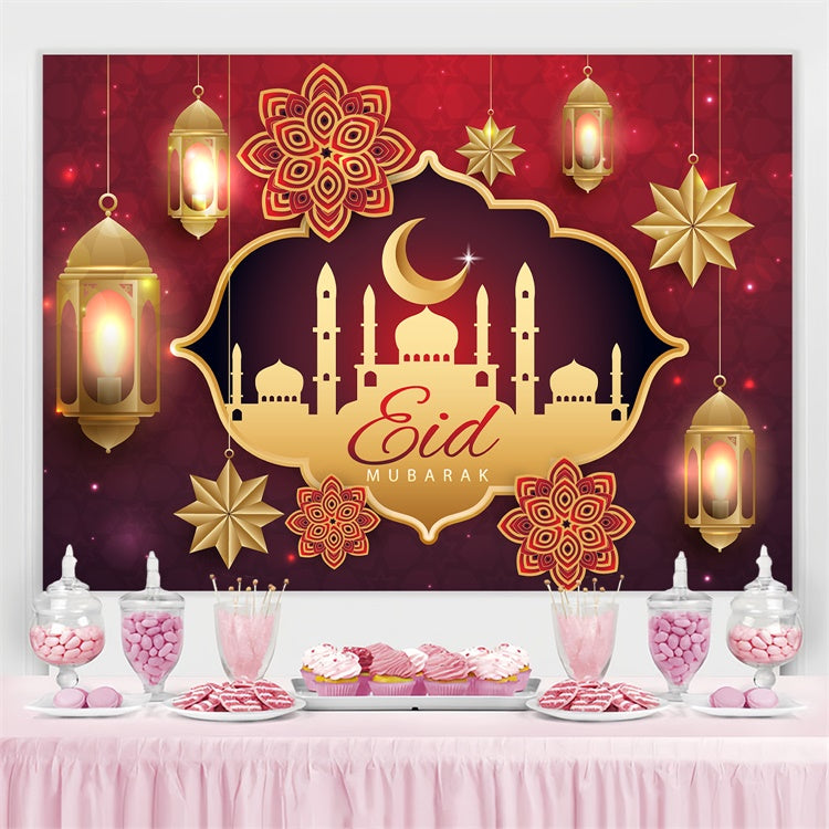 Toile de fond Eid Mubarak Mosquée Dorée Élégante Lanternes GQ3-84