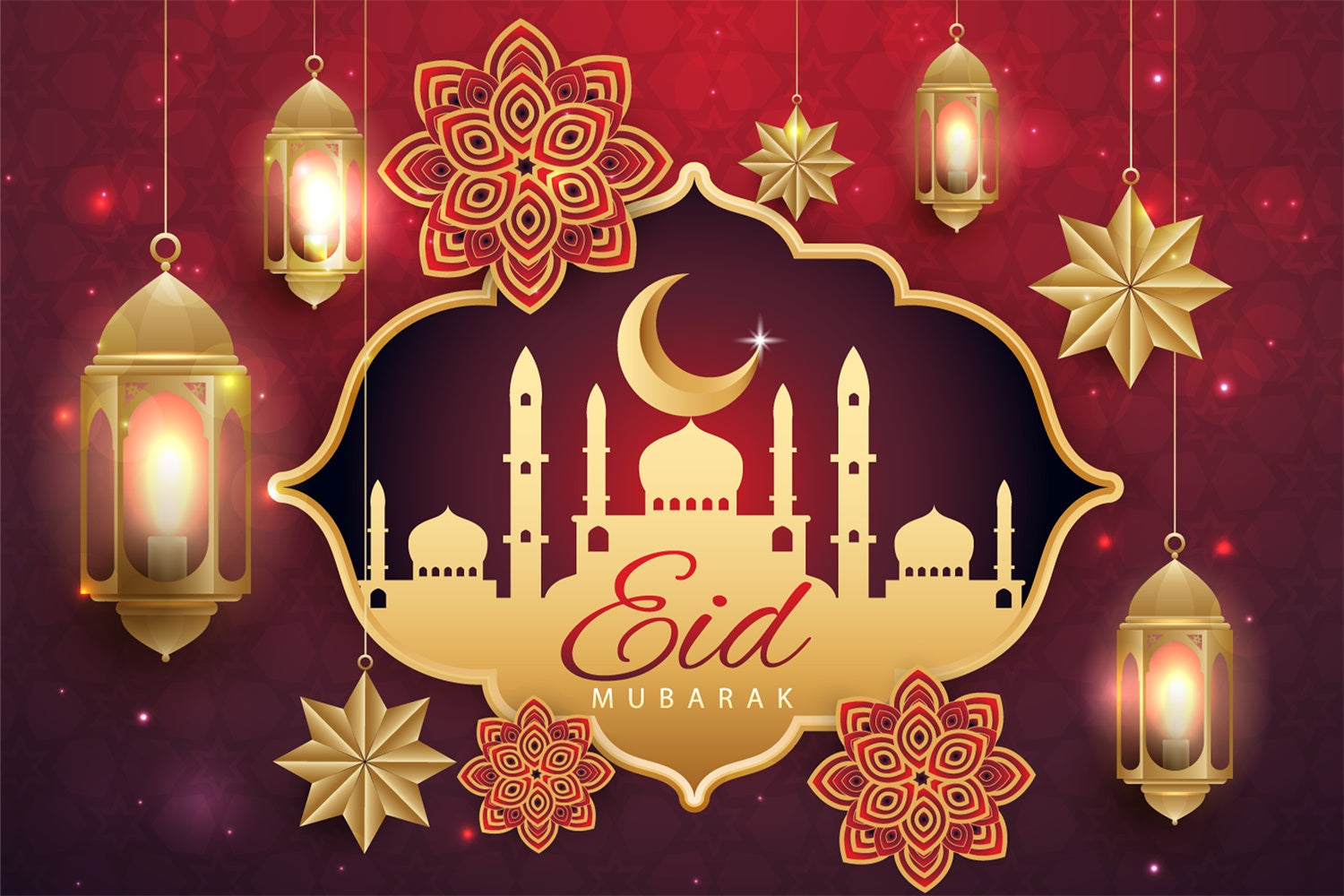 Toile de fond Eid Mubarak Mosquée Dorée Élégante Lanternes GQ3-84