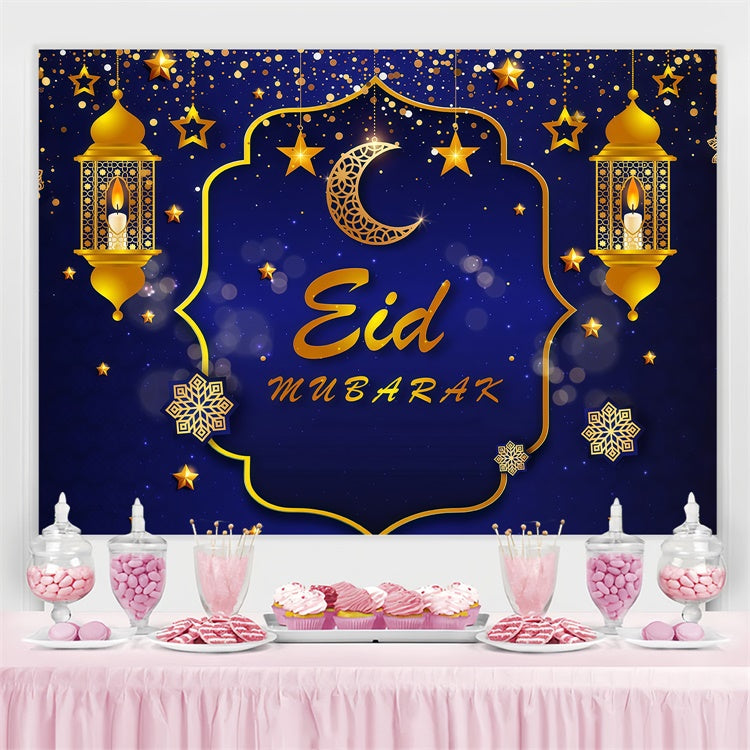 Toile de fond Eid Mubarak Lanternes Dorées Bleu Profond GQ3-87