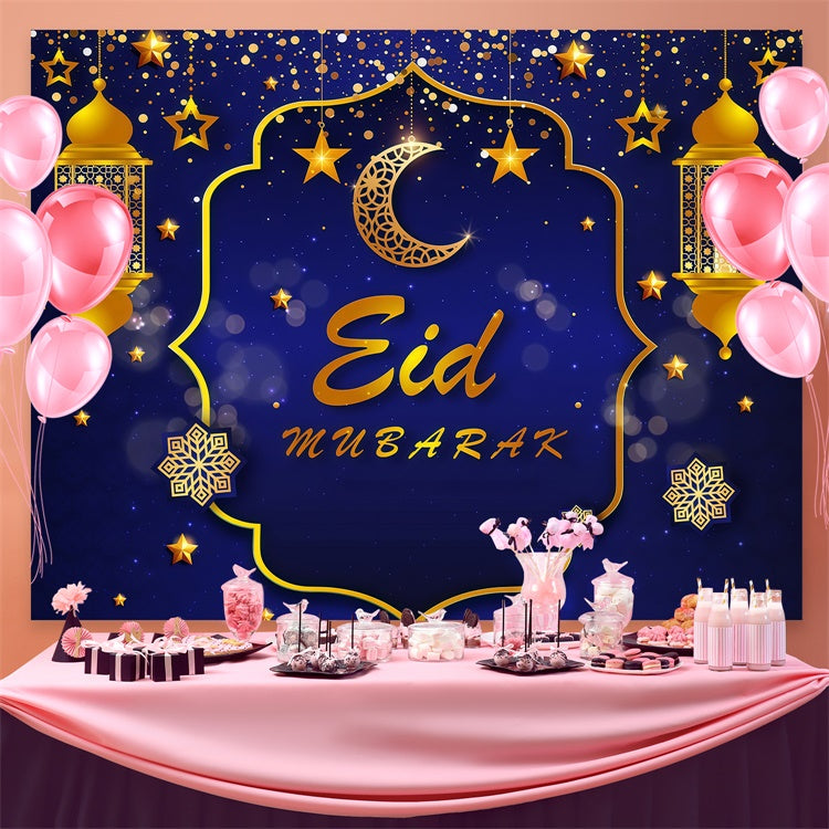 Toile de fond Eid Mubarak Lanternes Dorées Bleu Profond GQ3-87