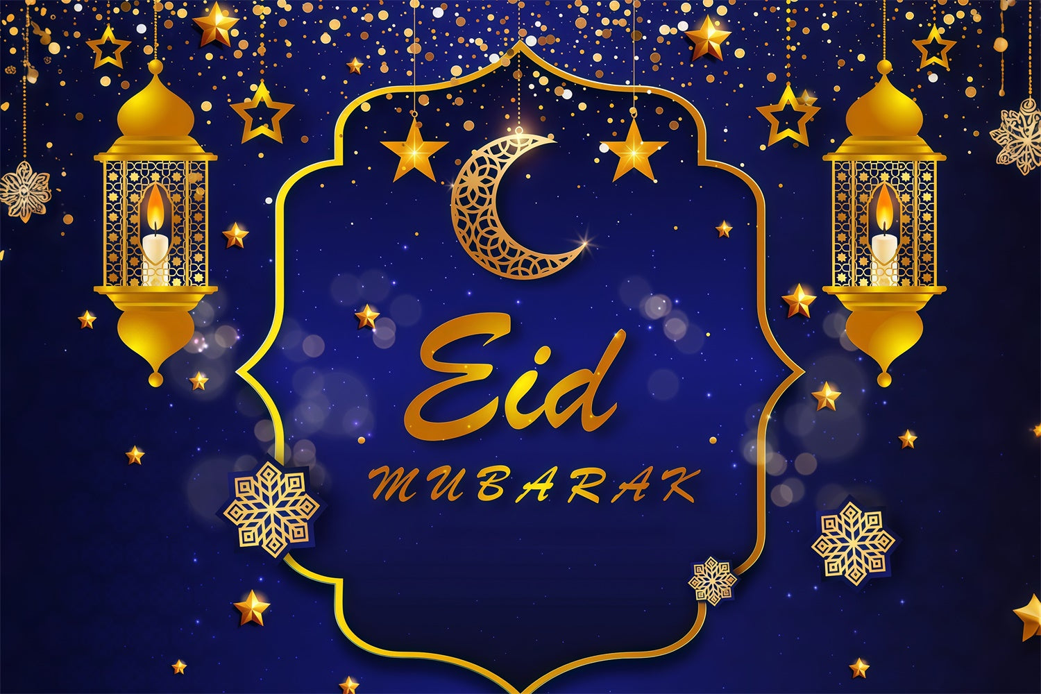Toile de fond Eid Mubarak Lanternes Dorées Bleu Profond GQ3-87