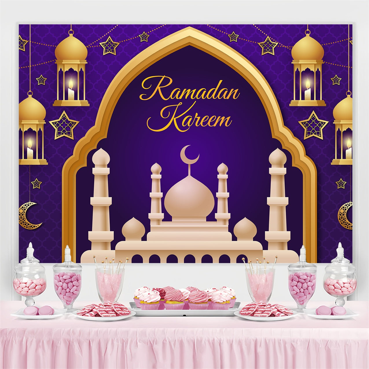 Toile de fond Ramadan Arche Royale Pourpre Dorée Lanternes GQ3-9