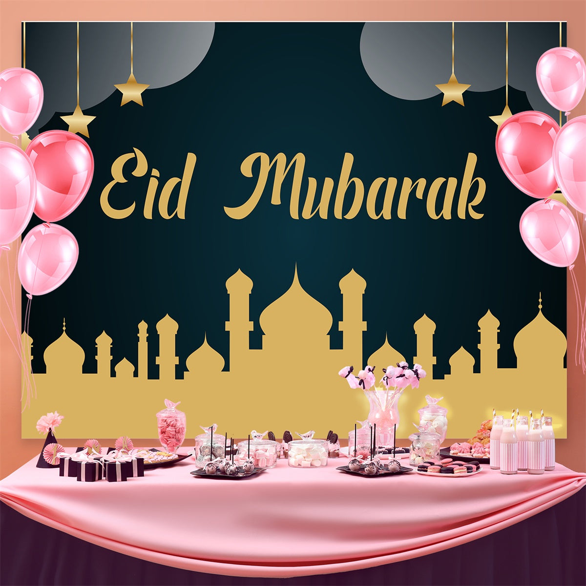 Toile de fond Eid Mubarak Silhouette de Mosquée Dorée Eid GQ3-90