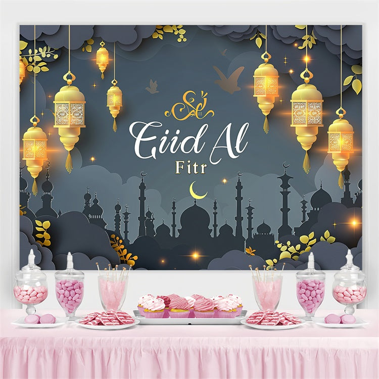 Toile de fond Eid Mubarak Lumières Dorées Rêveuses Gris Élégant GQ3-91