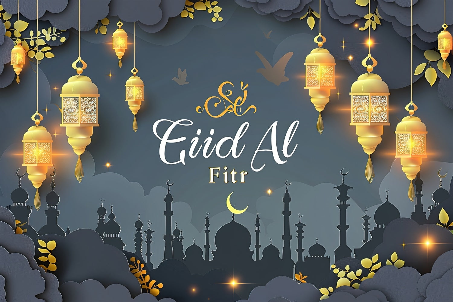 Toile de fond Eid Mubarak Lumières Dorées Rêveuses Gris Élégant GQ3-91