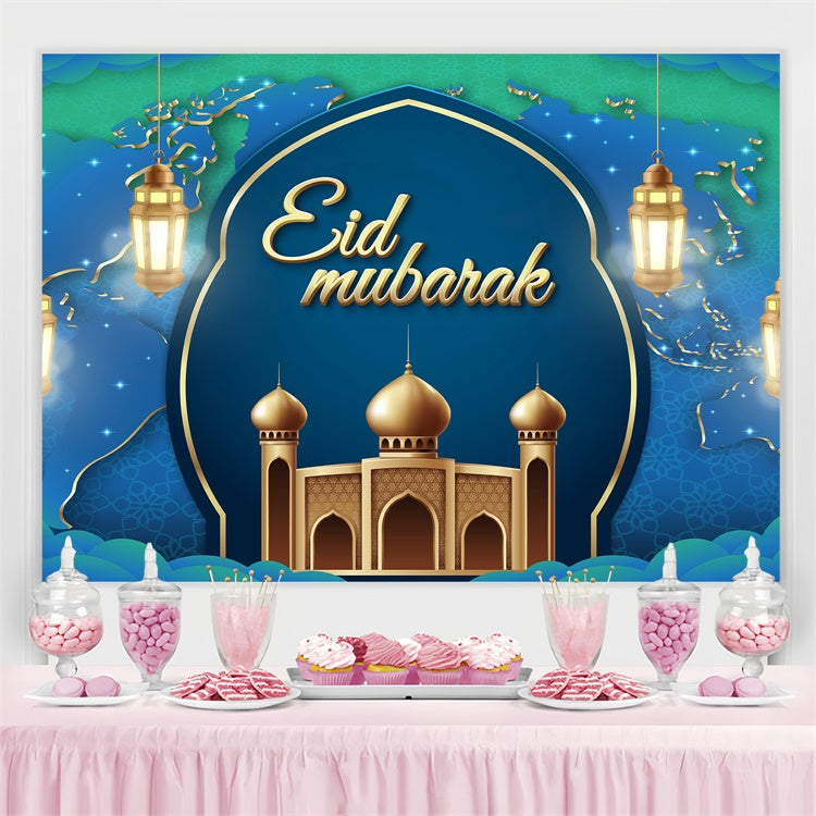 Toile de fond Eid Mubarak Lanternes Dorées Arche Bleue GQ3-96