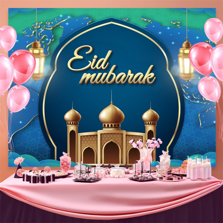 Toile de fond Eid Mubarak Lanternes Dorées Arche Bleue GQ3-96