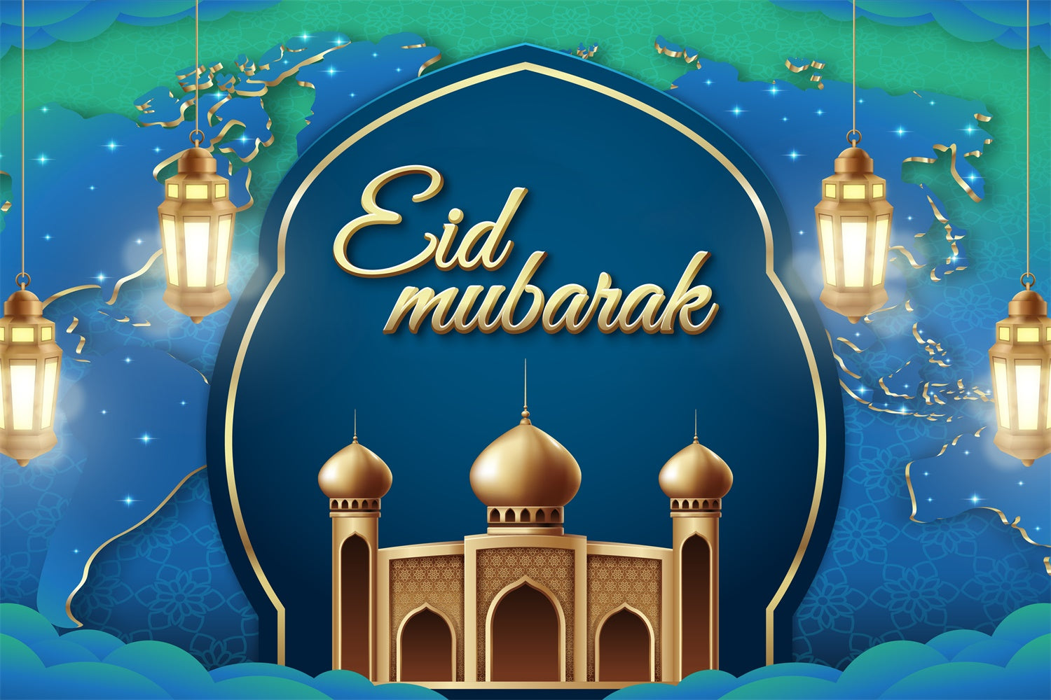 Toile de fond Eid Mubarak Lanternes Dorées Arche Bleue GQ3-96