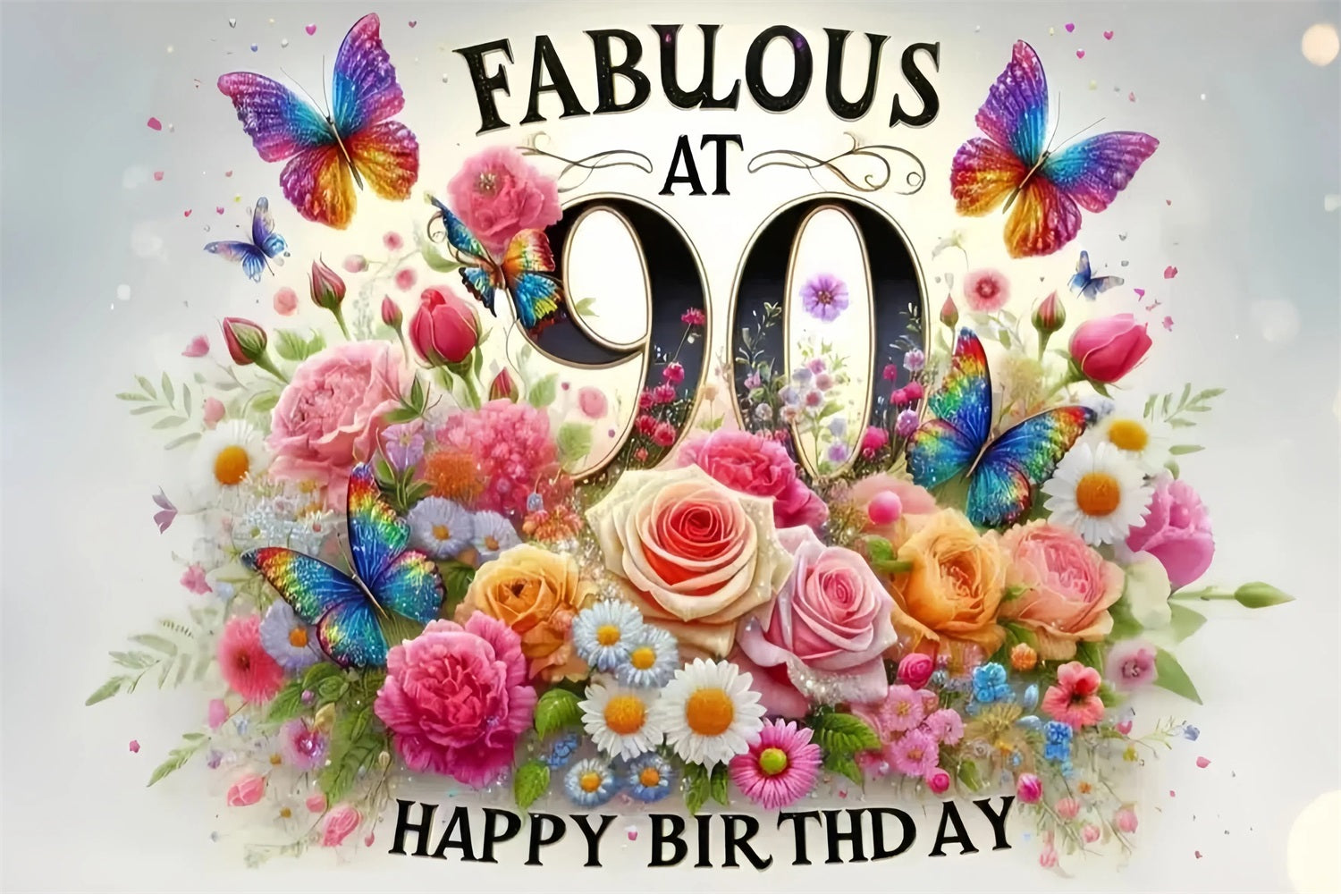 Toile de fond Personnalisable Anniversaire Papillons Fleurs 90ème GQ4-10