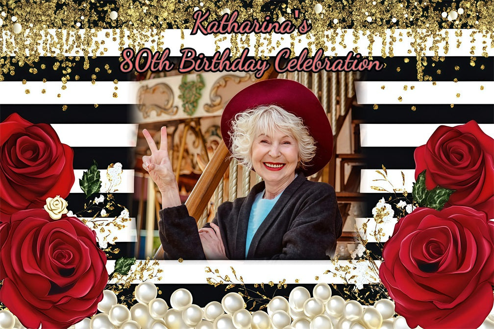 Toile de fond Anniversaire Personnalisable Perles Roses 80ème Rayé GQ4-11