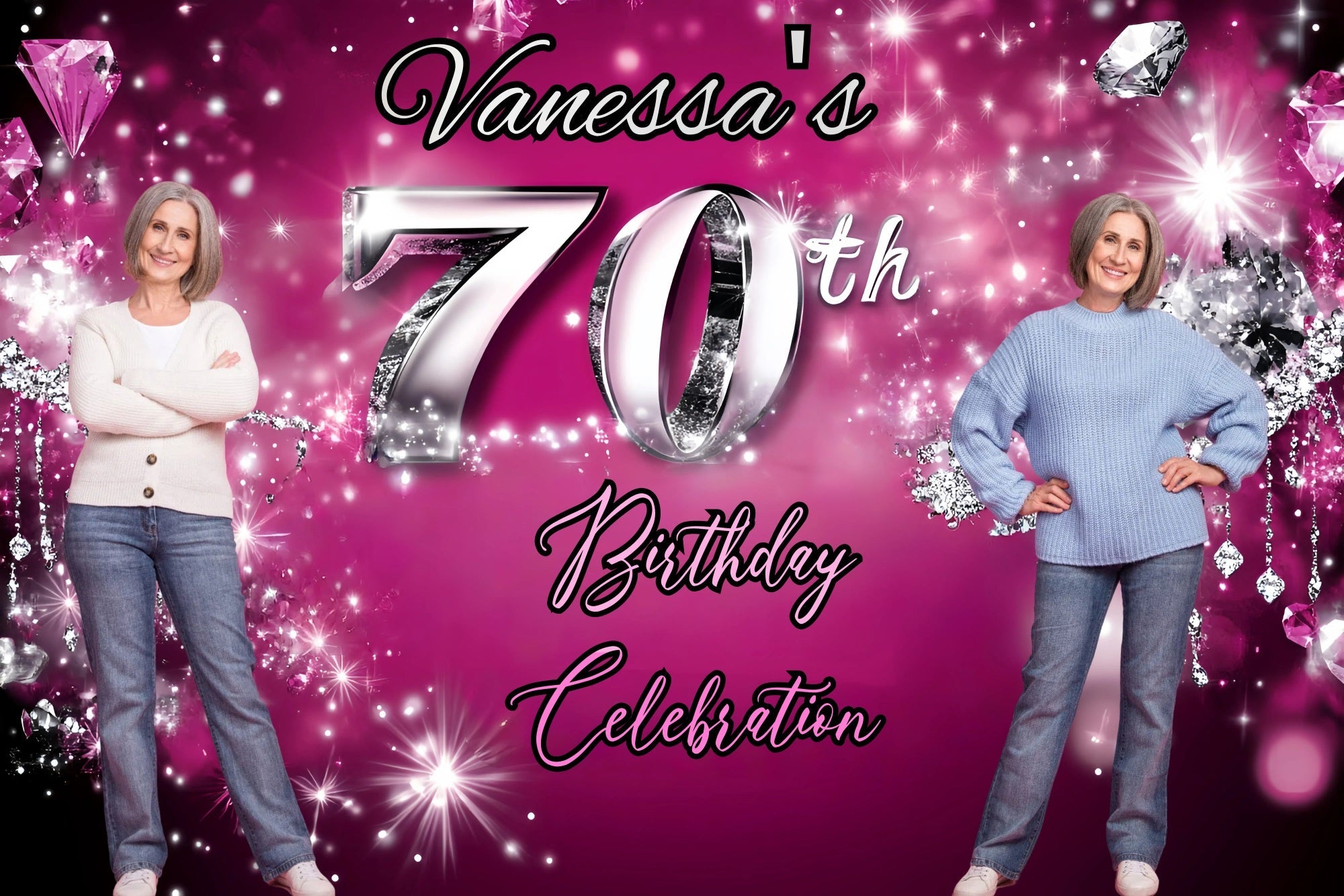 Toile de fond Anniversaire Personnalisable Diamant Rose Paillettes 70ème GQ4-12