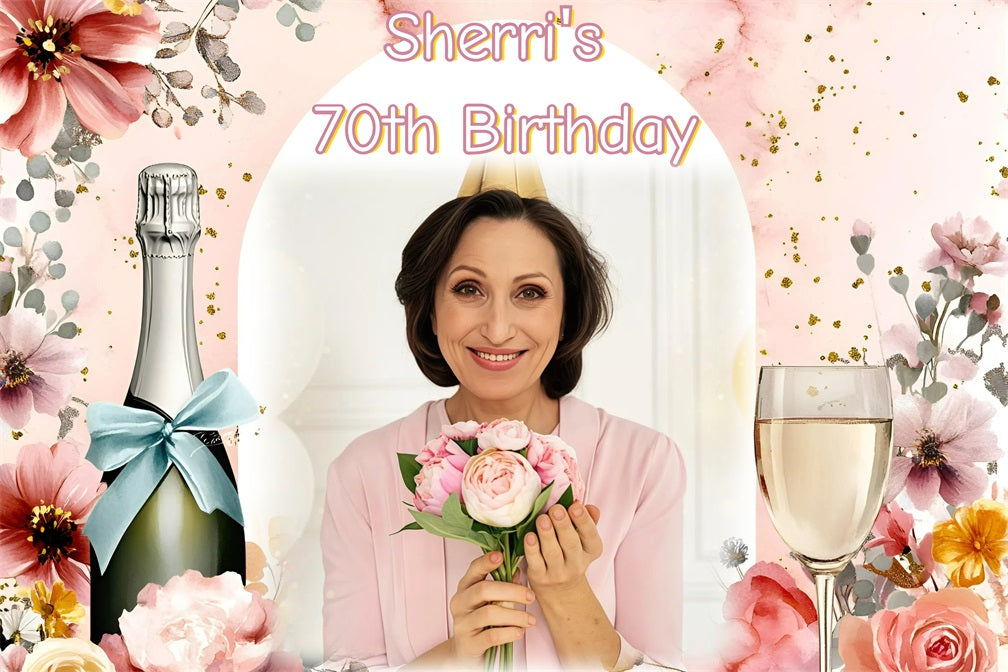 Toile de fond Anniversaire Personnalisée Champagne Rose Florale GQ4-13