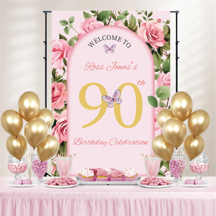 Toile de fond Anniversaire Personnalisée Arche Florale Bienvenue 90ème GQ4-16
