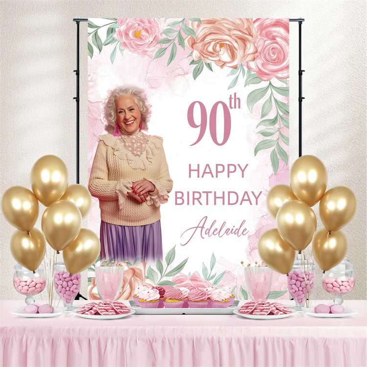 Toile de fond Anniversaire Personnalisable Florale Rose 90ème GQ4-17