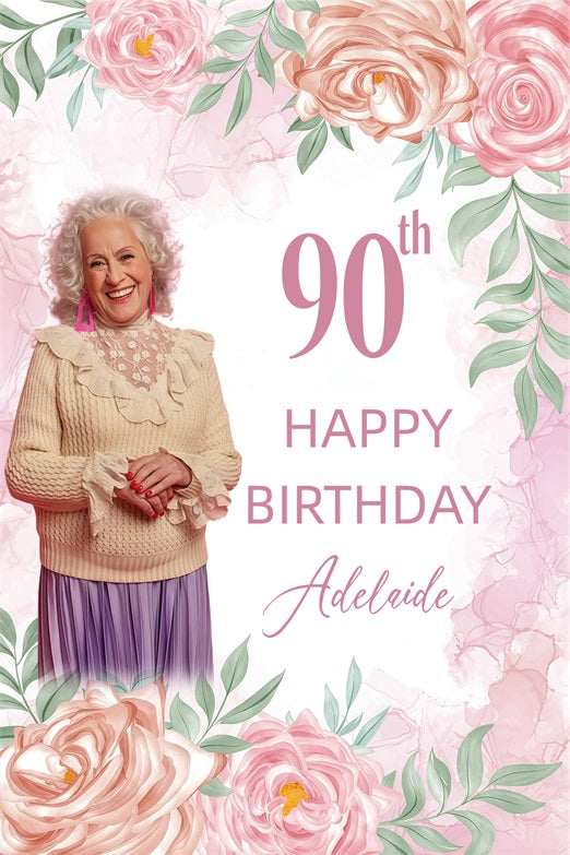 Toile de fond Anniversaire Personnalisable Florale Rose 90ème GQ4-17