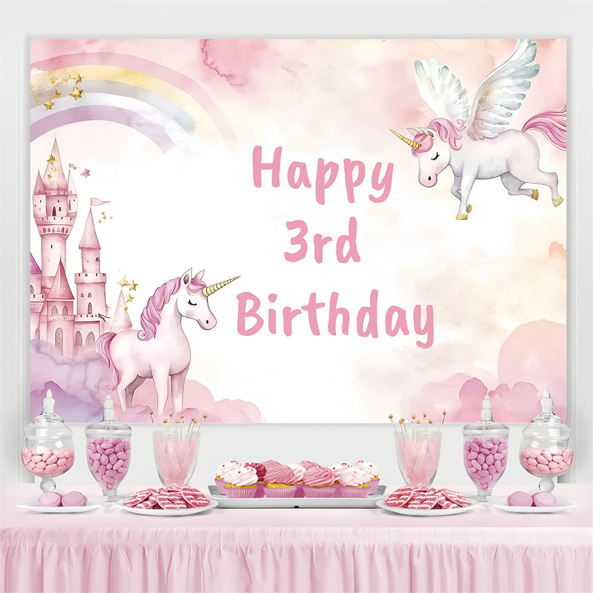Toile de fond Photo Anniversaire Personnalisable Château Licorne 3e GQ4-219