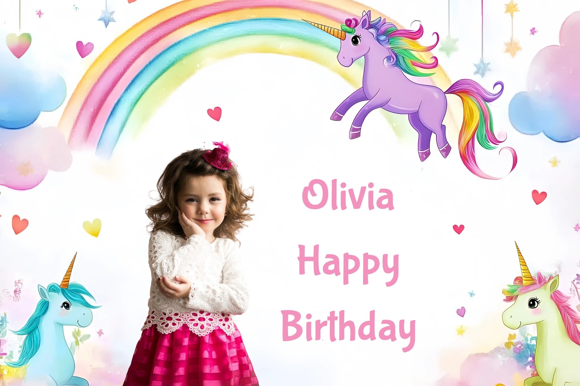Toile de fond Photo Anniversaire Personnalisable Licorne Arc-En-Ciel GQ4-229