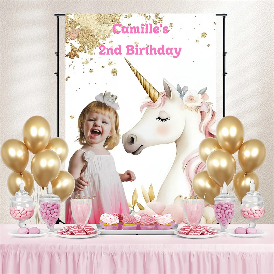 Toile de fond Photo Anniversaire Personnalisable Licorne Rose Fantaisie GQ4-246