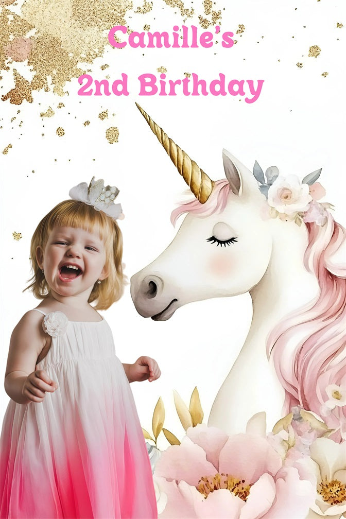 Toile de fond Photo Anniversaire Personnalisable Licorne Rose Fantaisie GQ4-246