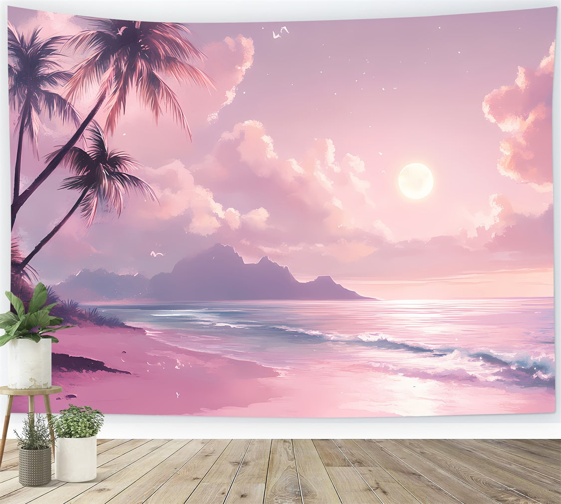 Toile de fond Été Crépuscule Rose Lune Plage GQ4-249