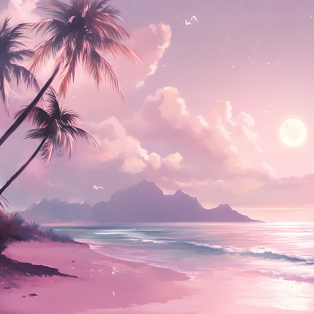 Toile de fond Été Crépuscule Rose Lune Plage GQ4-249