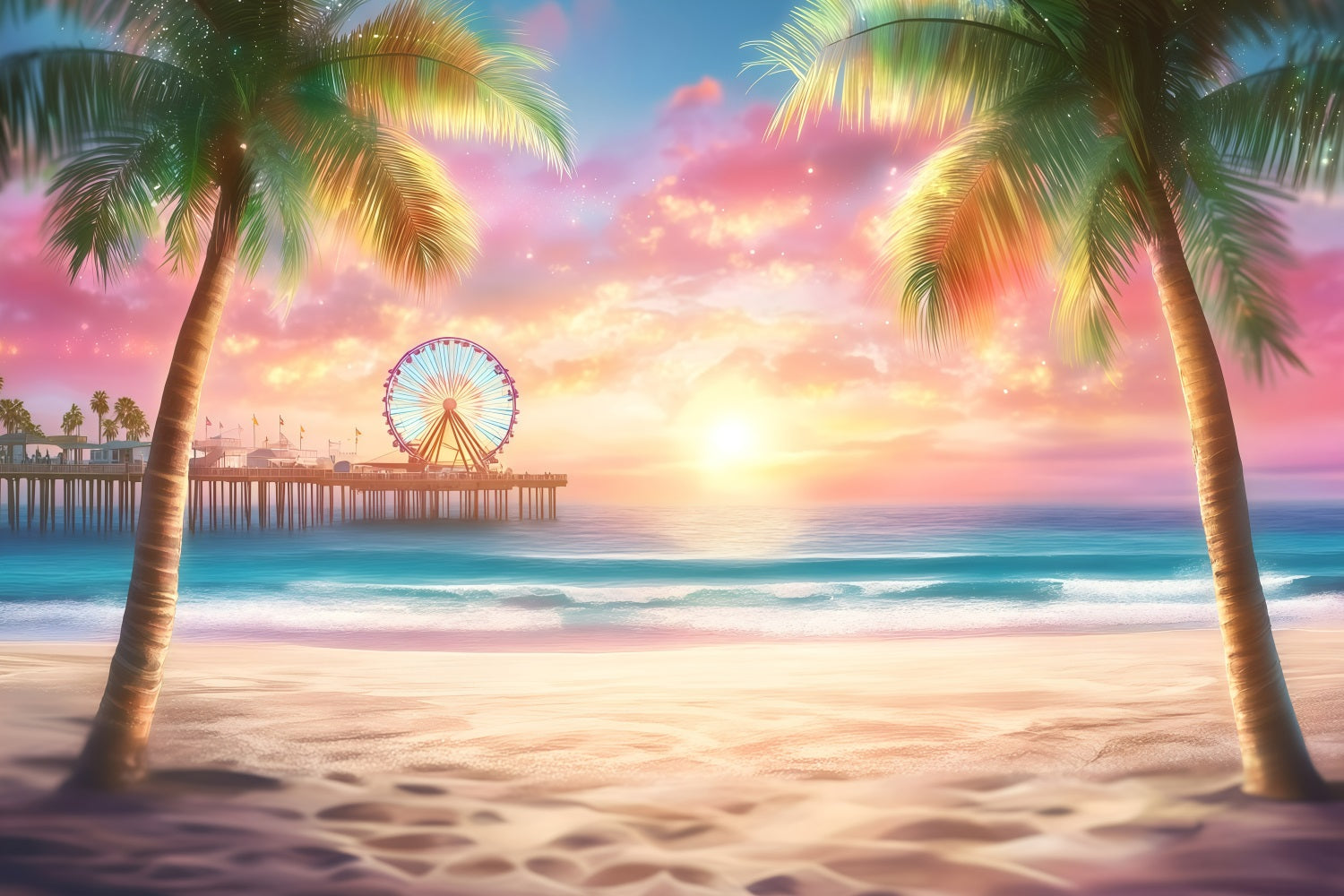 Toile de fond de Plage Été Grande Roue au Bord de Mer GQ4-255