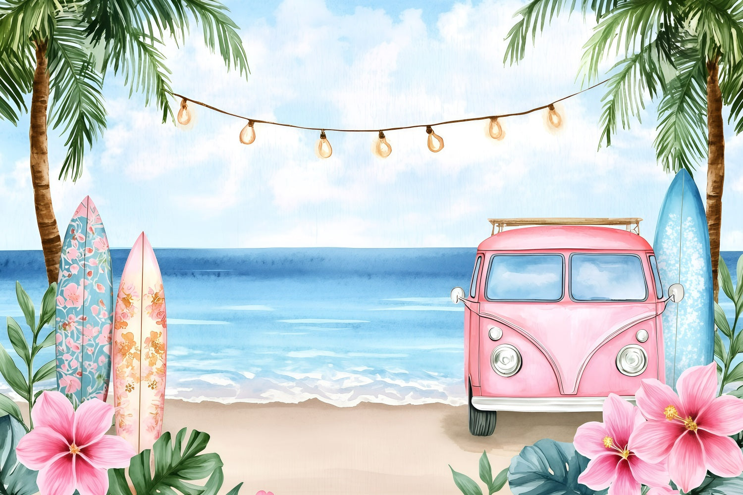 Toile de fond Été Camion Floral Surf Plage GQ4-258