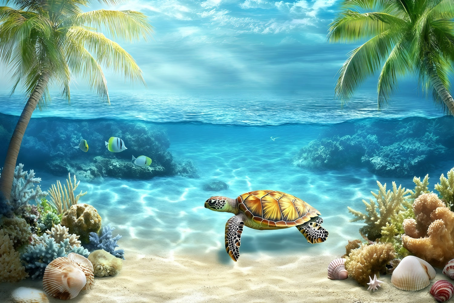 Toile de fond Été Tortue Sous-Marine Tropicale GQ4-264