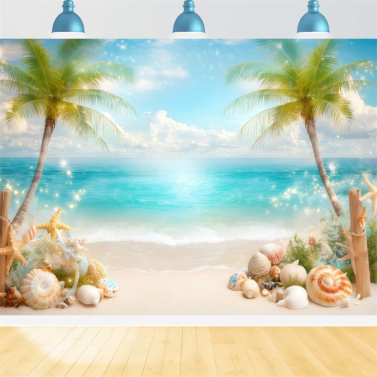 Toile de fond de Plage Été Coquillages Palmiers GQ4-271