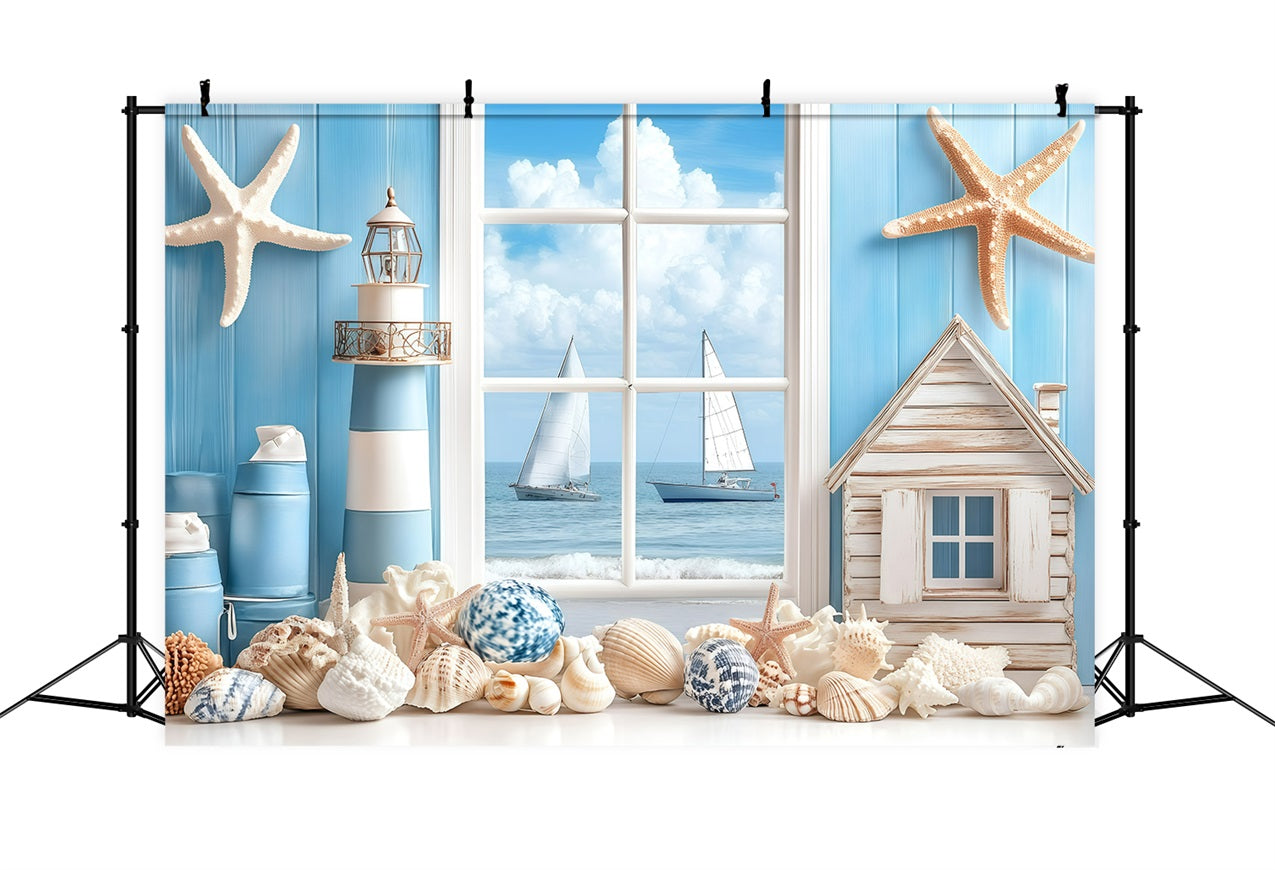 Toile de fond de Plage Été Fenêtre Côtière Voilier GQ4-279